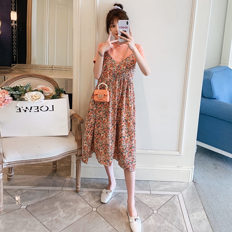 AMOI Đầm Hoa Giả Hai Mảnh Thời Trang Cho Mẹ Bầu