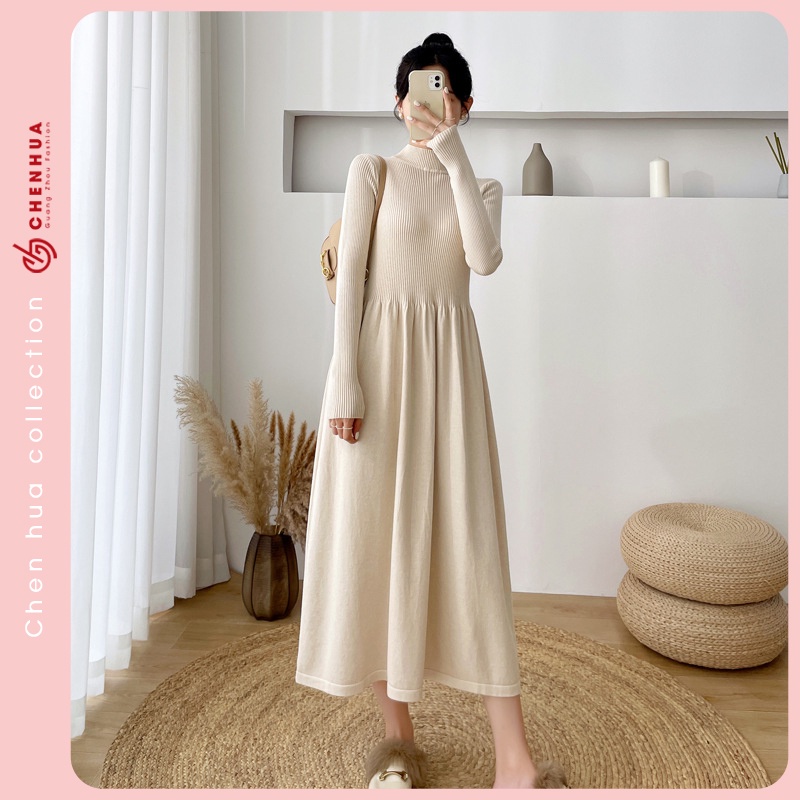 Váy len dài tay ChenHua chất len gân dày dặn đẹp VT06