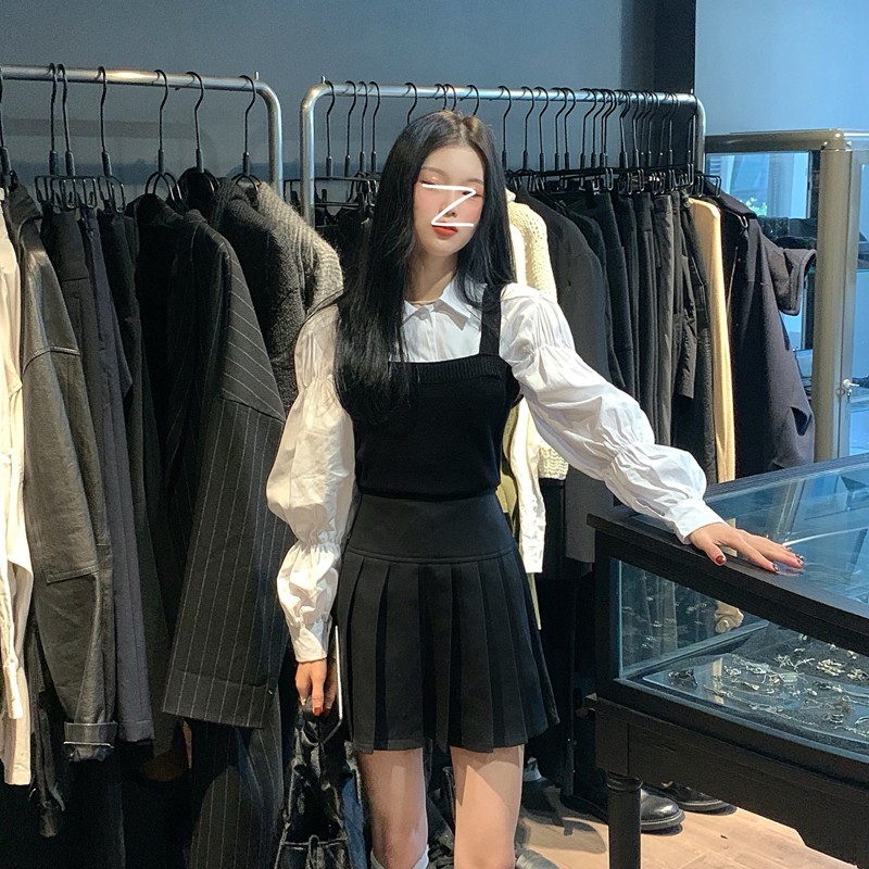 Kumivn order set 2 món áo sơ mi và chân váy xếp ly đen trắng ulzzang Hàn Quốc