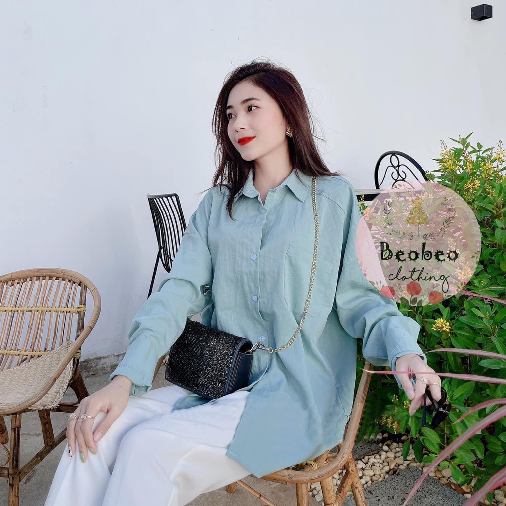 Áo sơ mi trắng xanh oversize có túi ulzzang