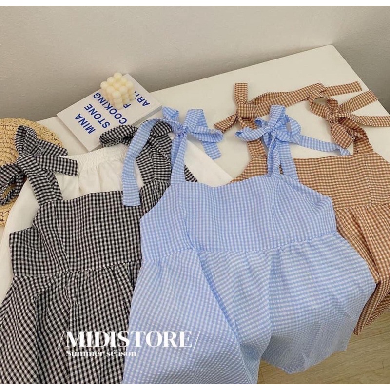 Set áo babydoll hai dây tắt nơ kẻ xanh và quần short trắng cực xinh