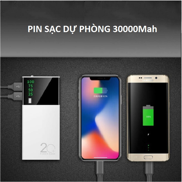 Pin Sạc Dự Phòng, Sạc Power Bank Dung Lượng 30000mAh Màn LED Có Đèn Pin