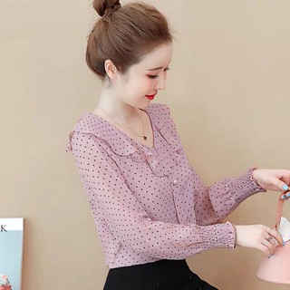 Áo Sơ Mi Chấm Bi Cổ Tròn Phối Bèo Akara N617