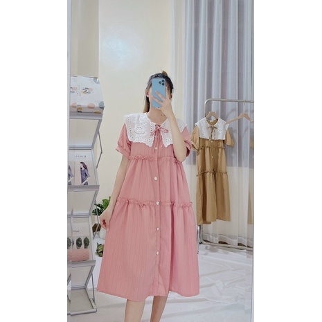 Đầm Babydoll Cổ Phối Ren Siêu Xinh, Đầm Bầu Xinh Nút Ngọc