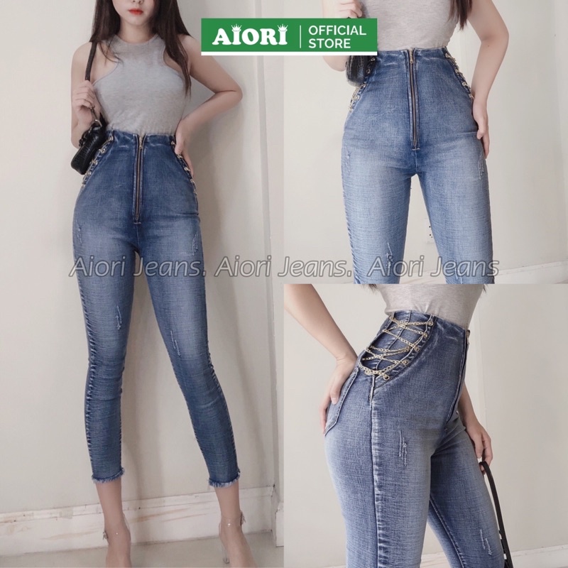 Quần Jean Nữ Aiori Quần Skinny Lưng Siêu Cao Dây Kéo Có Xích Co Giãn Tốt