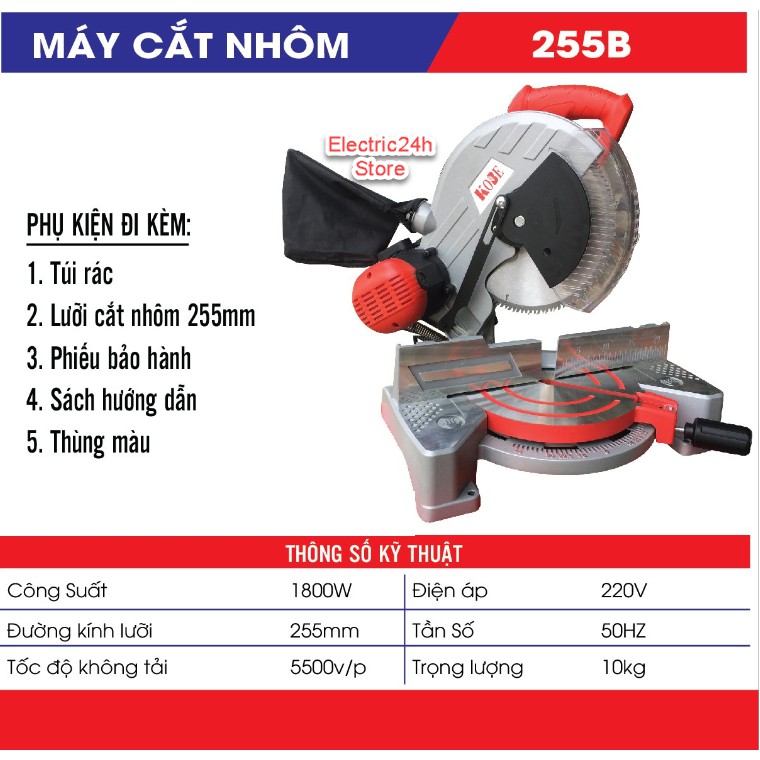 Máy cắt nhôm đa góc KOBE 255B 1800W - Máy cưa đa góc KOBE 255B 1800W Tặng luôn lưỡi cưa 255mm giá 299k - Electric24h