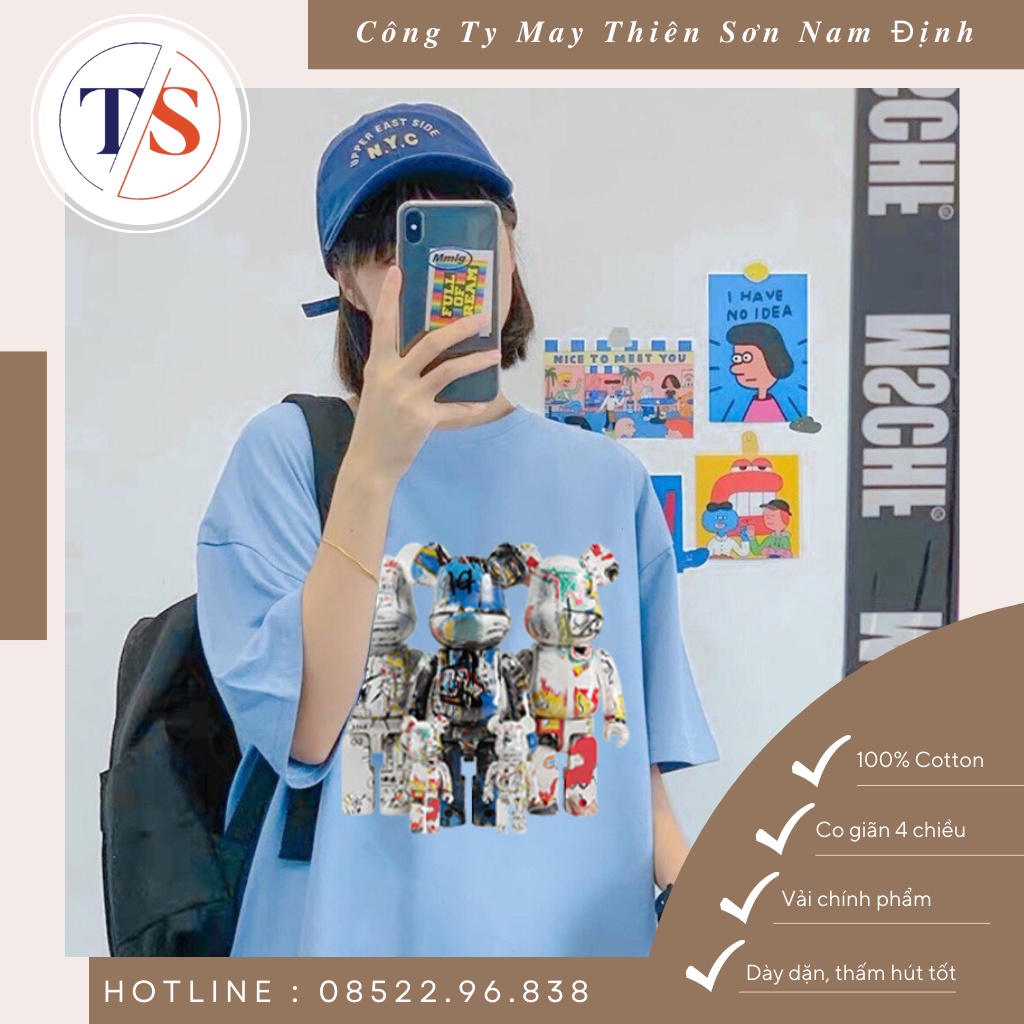 Áo thun tay lỡ form rộng, Áo phông unisex nam nữ form rộng Unisex chất liệu Cotton BEAR BRICK 5 CON trước ngực cực.