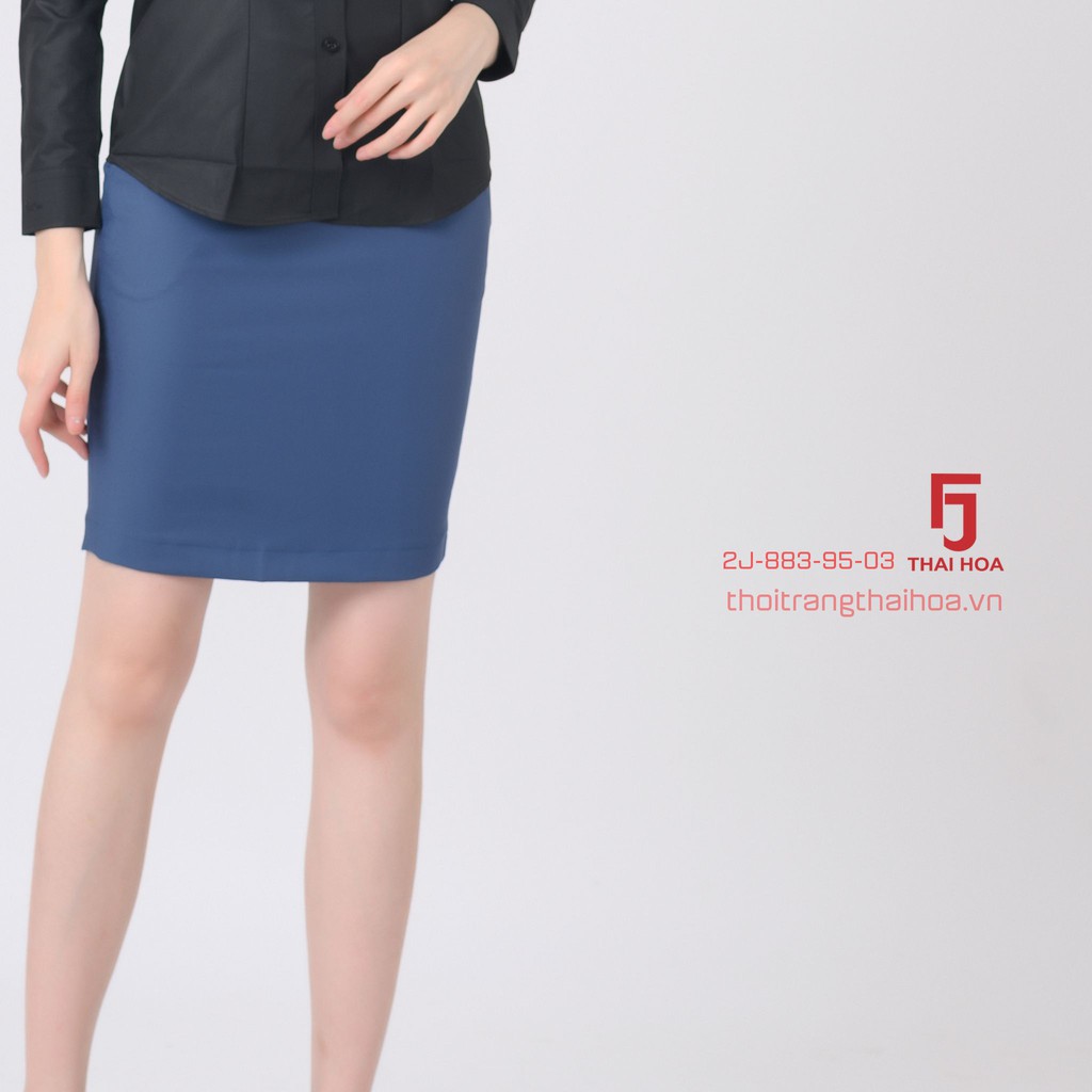 Chân váy dài  công sở nữ Thái Hòa, màu xanh, dáng ôm, vải nhẹ, độ bền màu cao 2J883-95-01