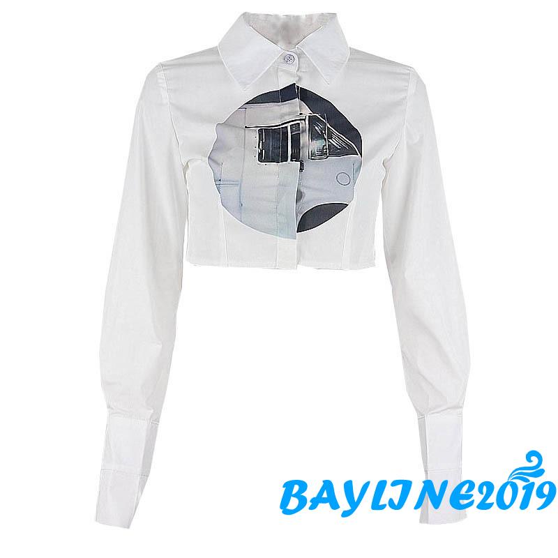 Bay-Women’s Casual Long Sleeve Shirt Abstract Printing Lapel Single-breasted Cropped Cardigan