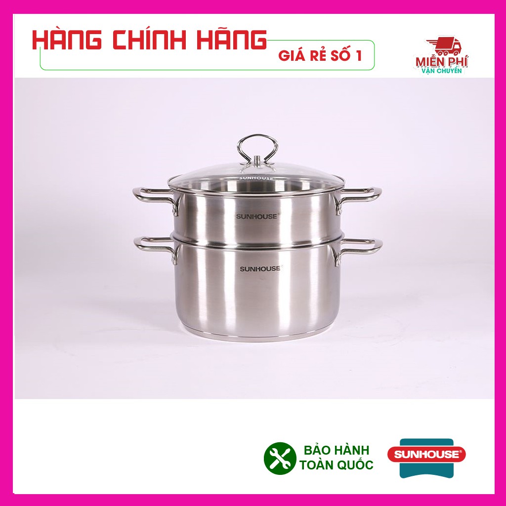 Bộ nồi inox 4 nồi + xửng hấp 3 đáy Sunhouse SH895, bộ nồi Sunhouse dùng cho bếp từ, siêu to khổng lồ