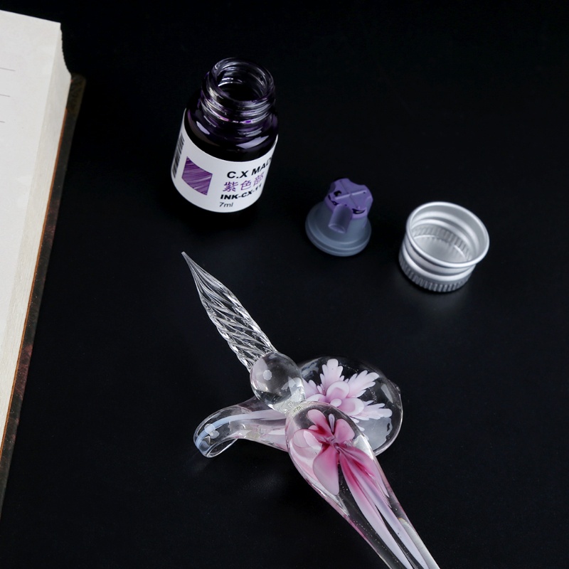 Bút Chấm Mực Thủy Tinh Họa Tiết Hoa Pha Lê Kèm Giá Đỡ Bút Tiện Dụng