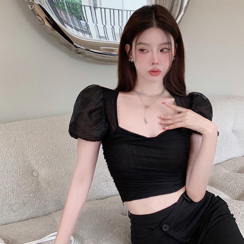 Áo Lưới Tay Phồng Xếp Ly Ôm Dáng Màu Sắc Ngọt Ngào