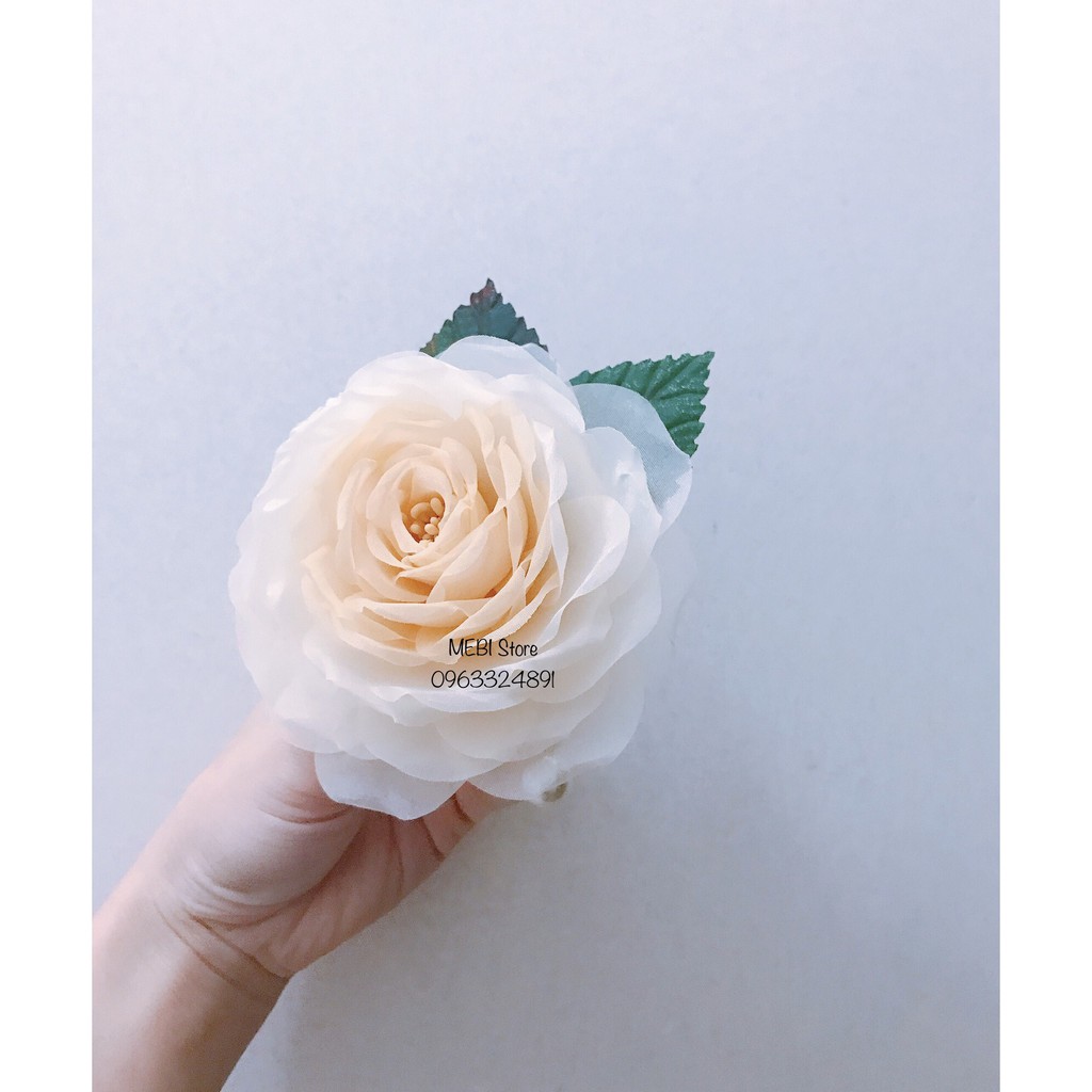 (Ảnh thật) Hoa hồng cài áo handmade màu nude phối màu, mẫu 2 lá và hạt trai xoắn