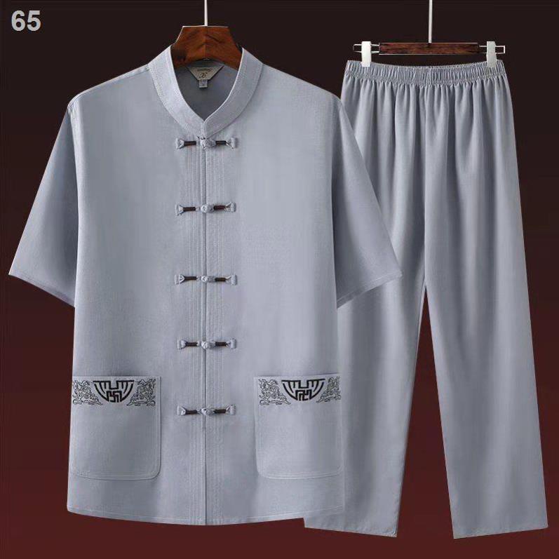 Tang trung niên và cao tuổi Bộ đồ nam ngắn tay cotton vải lanh quần áo mùa hè của ông nội cũ Phong cách Quốc Hanfu 2022