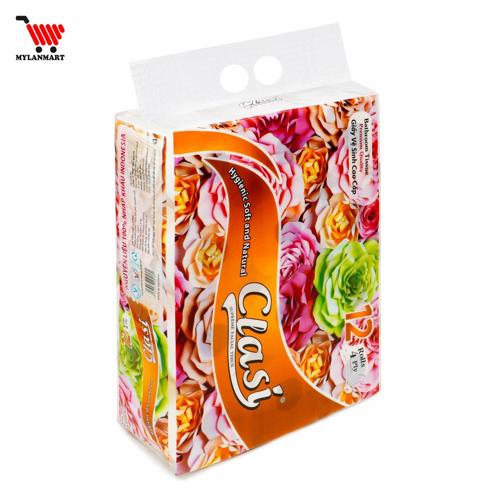 Giấy Vệ Sinh Clasi Hoa Hồng 4 Lớp Mylan (12 Cuộn/1.7kg/Xách) siêu dai, mềm mịn, tan nhanh trong nước