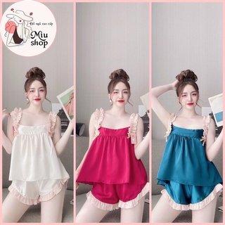 Sét đò ngủ 2 dây bèo vai lụa satin quần đùi có bèo