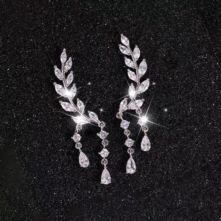 Khuyên tai bạc ta s99 caobac silver mặt lá đá hai sợi đá cao cấp