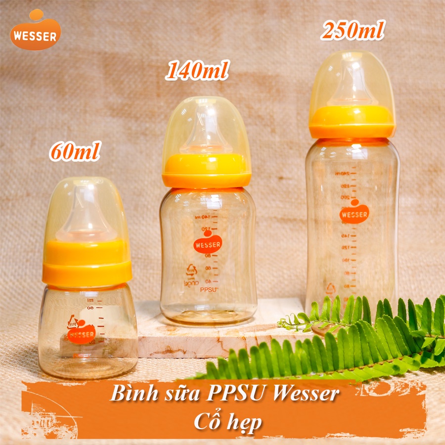 Bình sữa PPSU Wesser có tay cầm (cổ rộng) 260ml cho bé 4-6 tháng