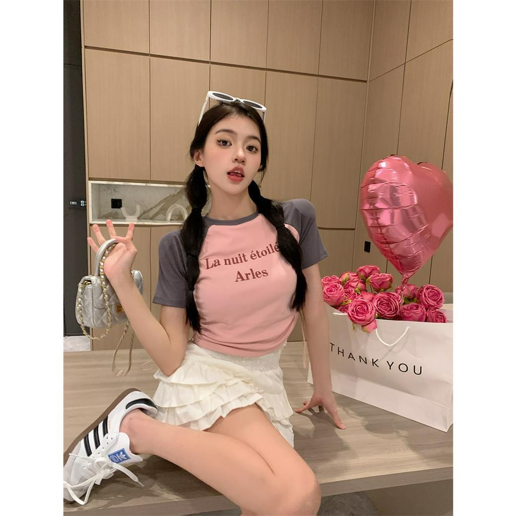 「 WELOVE1 」Áo Thun Tay Ngắn In Chữ Phối Dây Rút Nhiều Màu Sắc Tương Phản Phong Cách Mỹ Thời Trang Mùa Hè Cho Nữ