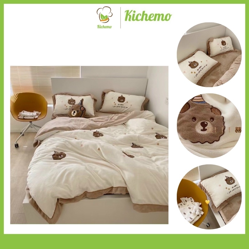 Bộ chăn ga gối Nỉ Nhung Gấu Teddy phiên bản nỉ nhung mịn