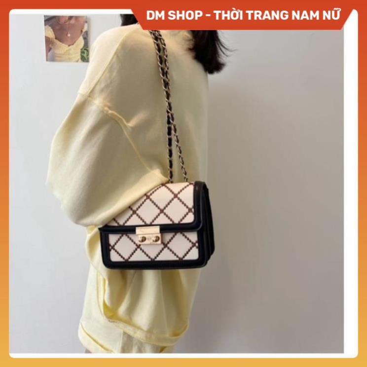 Túi xách nữ đeo chéo nữ 3 ngăn kẻ caro siêu xinh, Túi Sách đeo vai màu trắng kem dây da luồn xích phong cách Hàn quốc