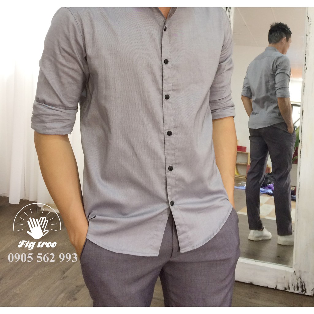 Áo Sơ Mi Nam FIGTREE Màu Xám Ghi Cổ Bẻ Bão For Men