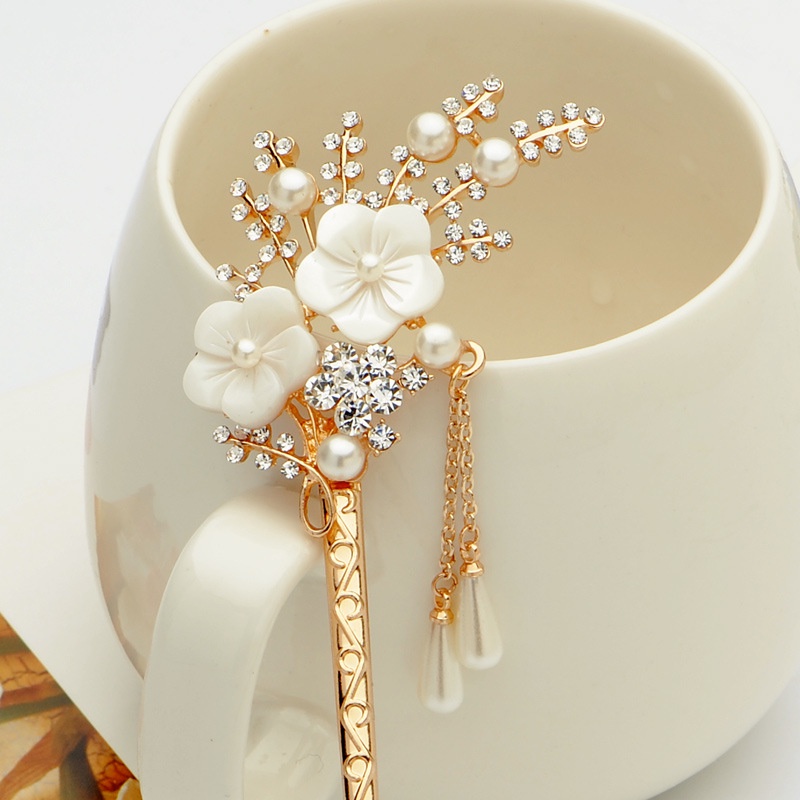 Trâm cài tóc hình hoa đính đá giả phối tua rua phong cách Trung Hoa thời trang cho nữ