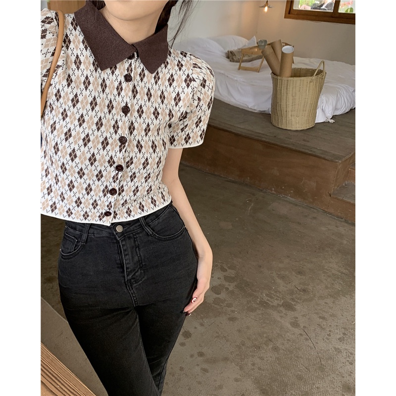 Áo polo Dệt Kim Tay Ngắn Kẻ Sọc Ca Rô Kiểu Retro Pháp Xinh Xắn Cho Nữ