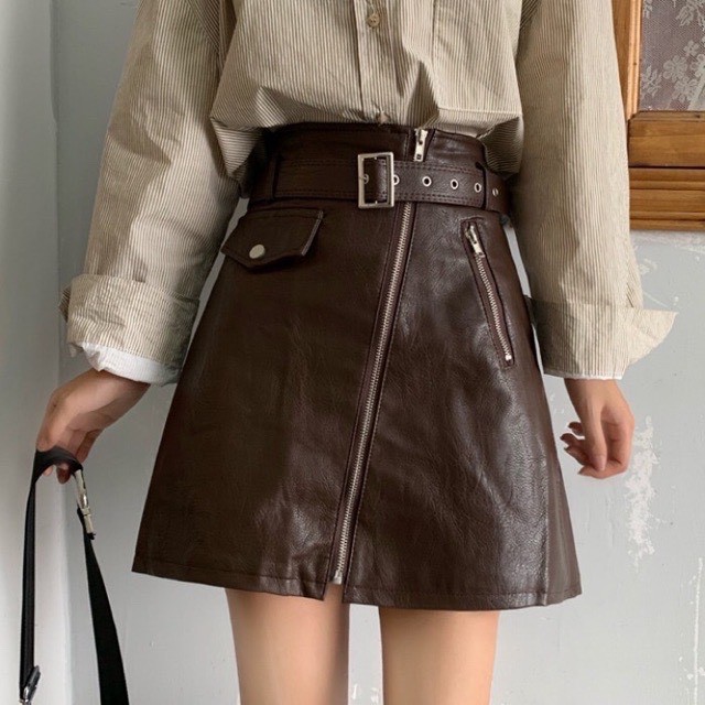 Chân Váy Chữ A, Chân Váy Da Cạp Cao Túi Nắp Khóa Kéo Có Quần Trong, Kèm Belt Hàng Quảng Châu Cao Cấp Trẻ T