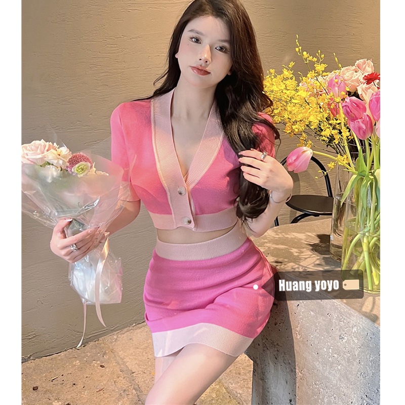 Bộ Áo cardigan Dệt Kim Ngắn Tay Cổ Chữ v + Chân Váy Ngắn Phong Cách Hàn Quốc Quyến Rũ