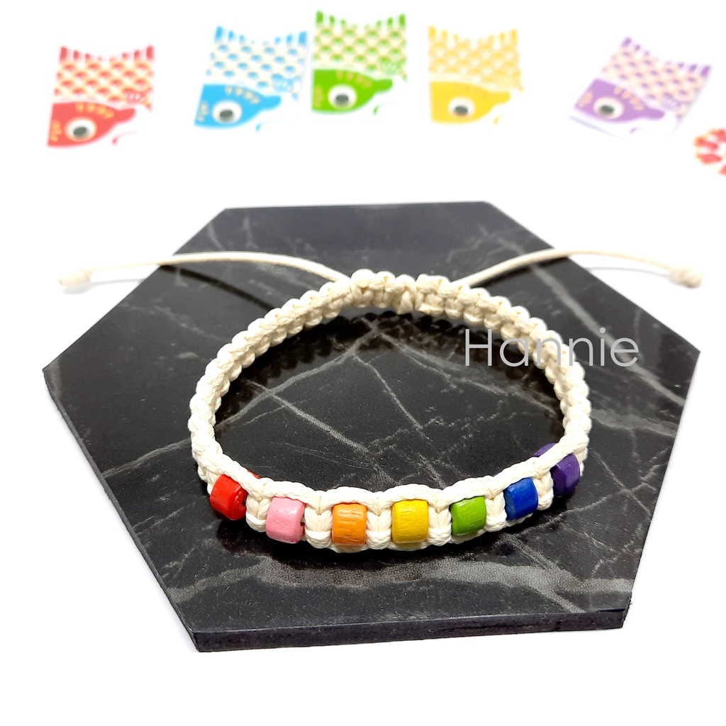 (Trắng/Đen) Vòng tay hạt gỗ cầu vồng rainbow - Dây đeo tay nam nữ đơn giản