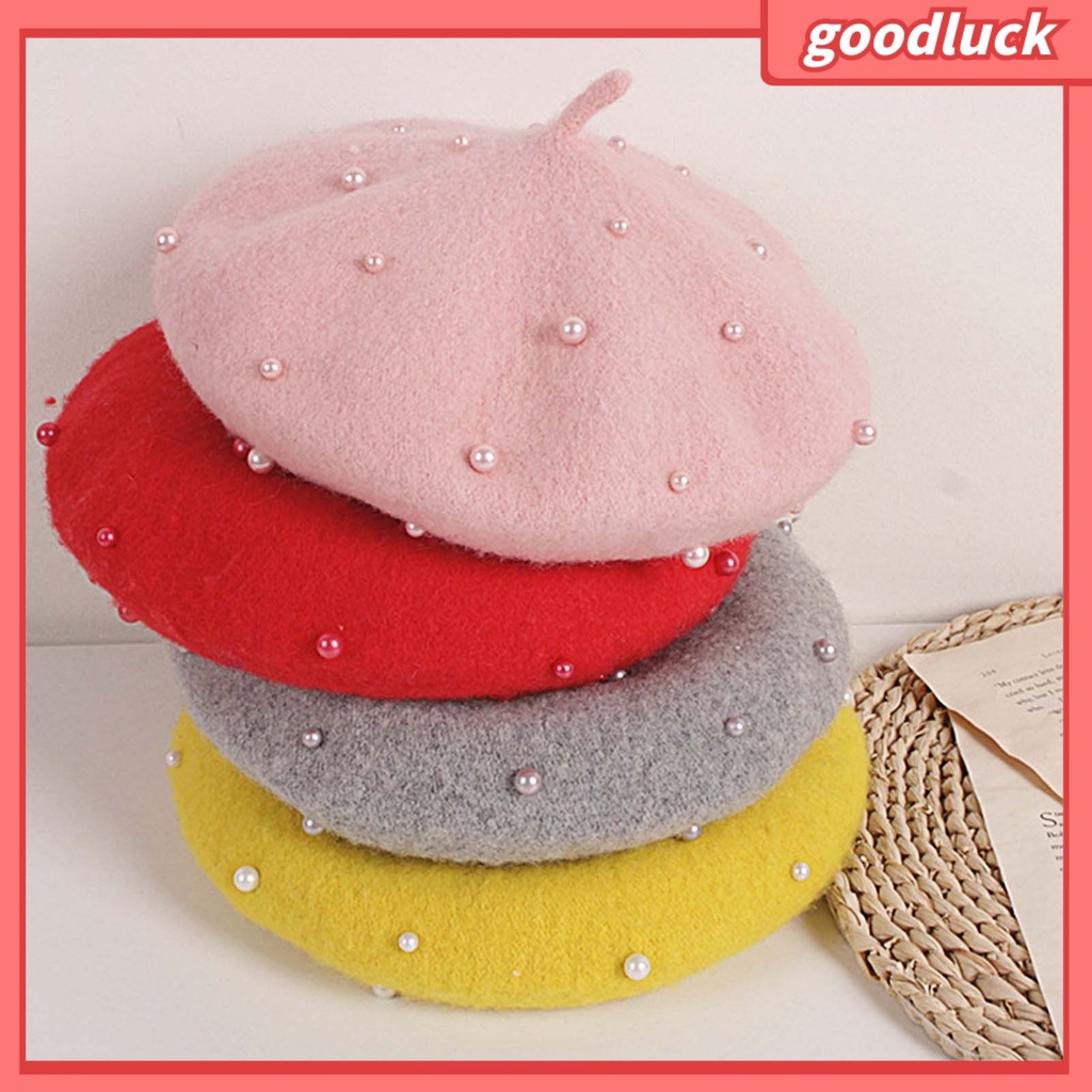 Mũ Beret Vải Lông Cừu Đính Ngọc Trai Màu Trơn Cổ Điển Giữ Ấm Thời Trang Cho Bé Gái