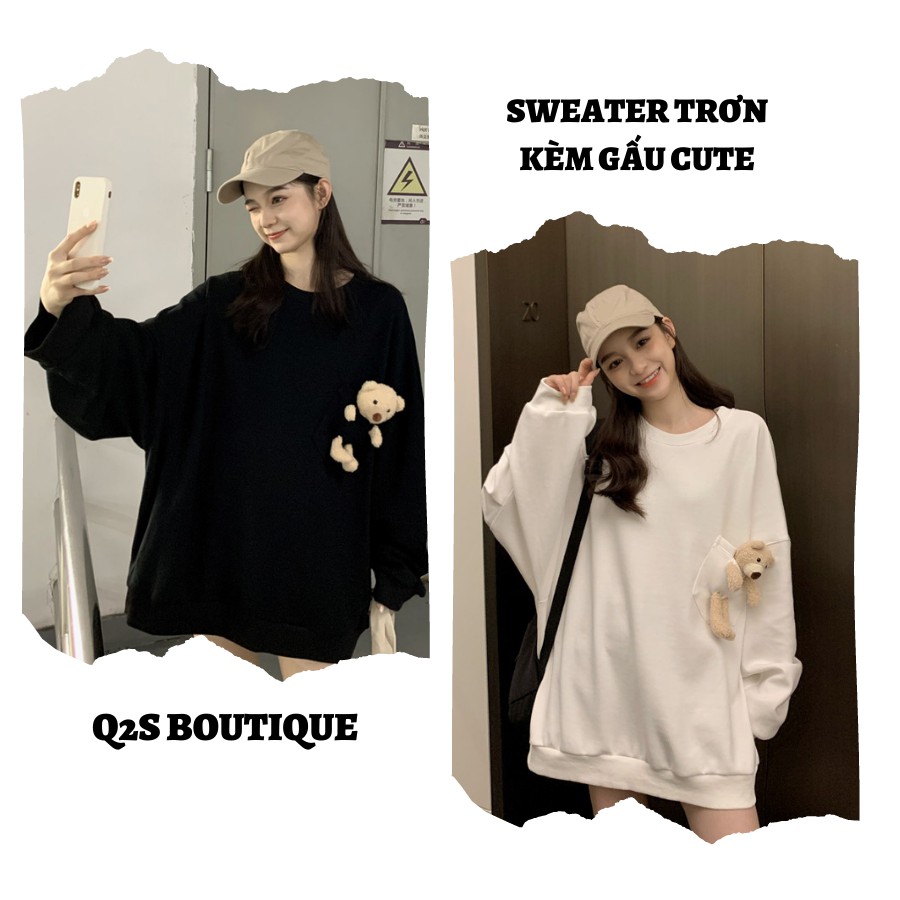 ÁO SWEATER ULZZANG DỆT KIM MÀU TRƠN TẶNG GẤU XINH XẮN - ÁO SWEATER TRƠN CHẤT ĐẸP GIÁ RẺ HÌNH CON GẤU