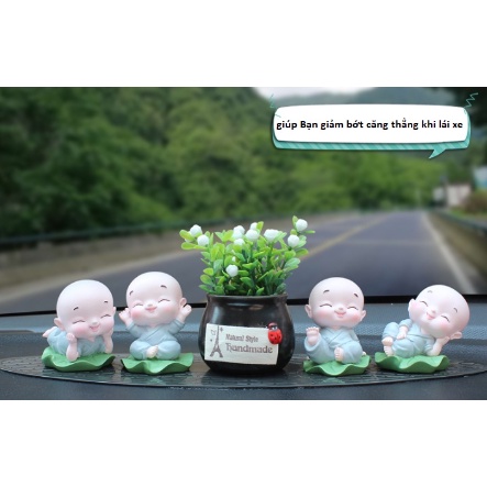 Set tiểu hoà thượng ngồi lá sen phối bình bóng trang trí taplo Ô Tô- Dũng An shop
