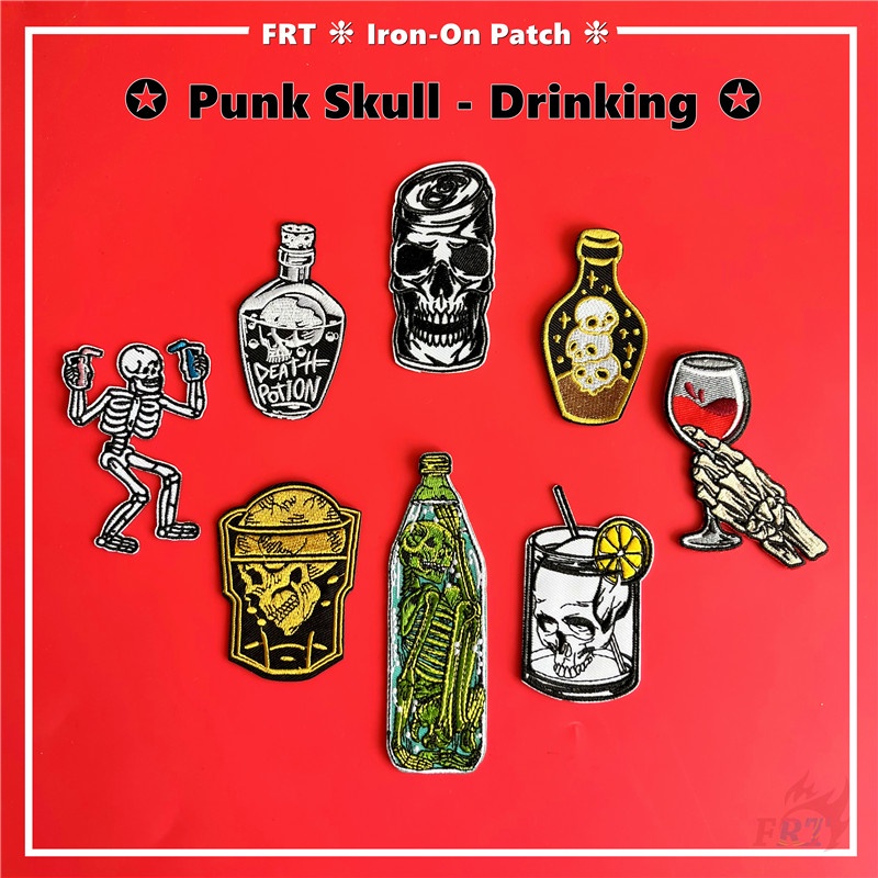☸ Đầu Lâu Punk - Miếng Dán Sắt Uống ☸ 1 Sticker Ủi Thêu Hình Ly Rượu Vang