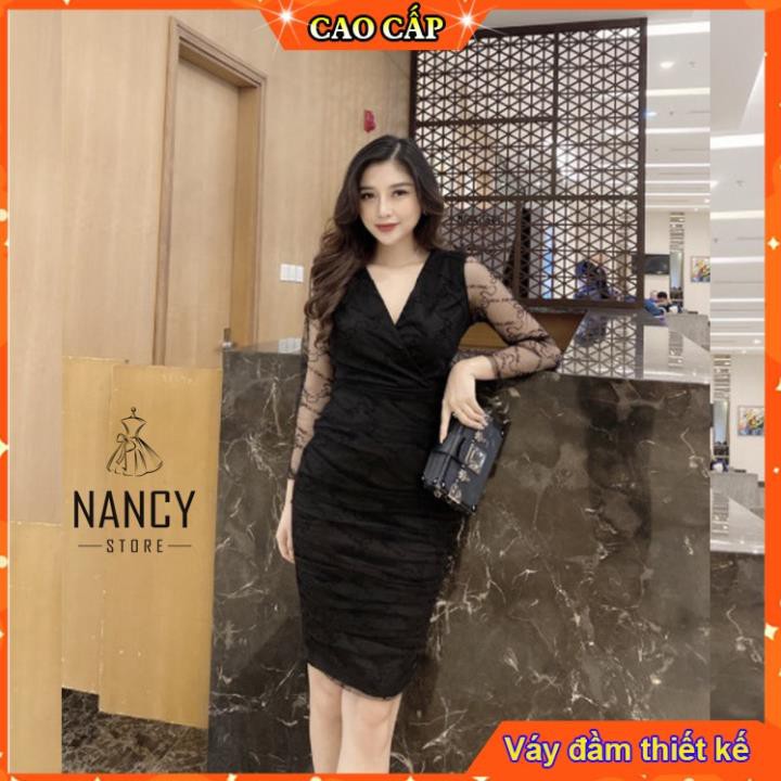 Váy đầm nữ body đen phối tay zen chữ cổ tim cao cấp sang chảnh dự tiệc công sở Nancy A7 👗 😘