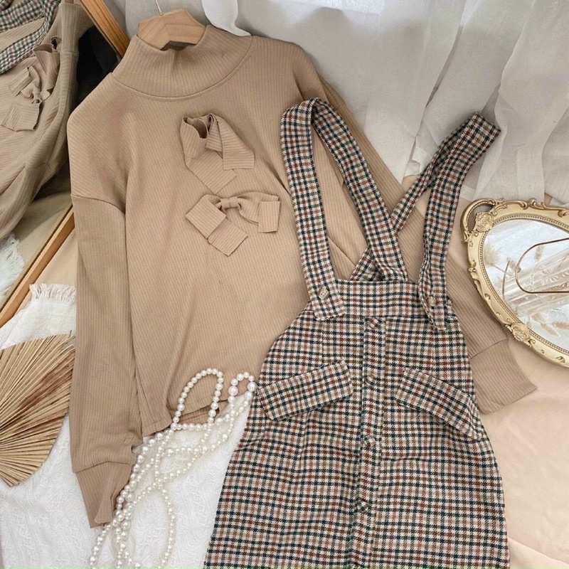 Đầm midi nude cổ sơ mi phối áo gile crop,váy nữ xinh xắn cho bạn gái diện đi chơi đi làm chụp ảnh siêu xinh