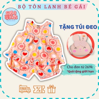 Đồ Bộ Mặc Nhà Cho Bé Gái Chất Tôn Lanh SABAKIDS Nút Vai Mỏng Mát Cực Dễ Thương
