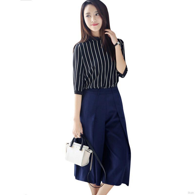 Set áo sọc cổ tròn tay lỡ + quần lửng form rộng thời trang cho nữ