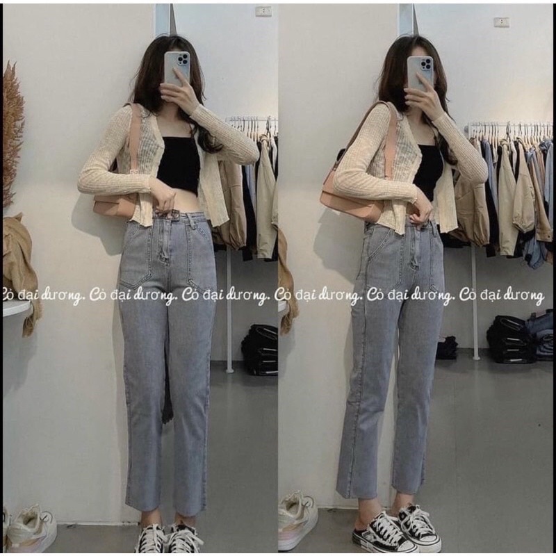 Quần bò nữ_Quần Jeans ống đứng 2 túi ,Vải dày,cạp siêu cao(2 màu)