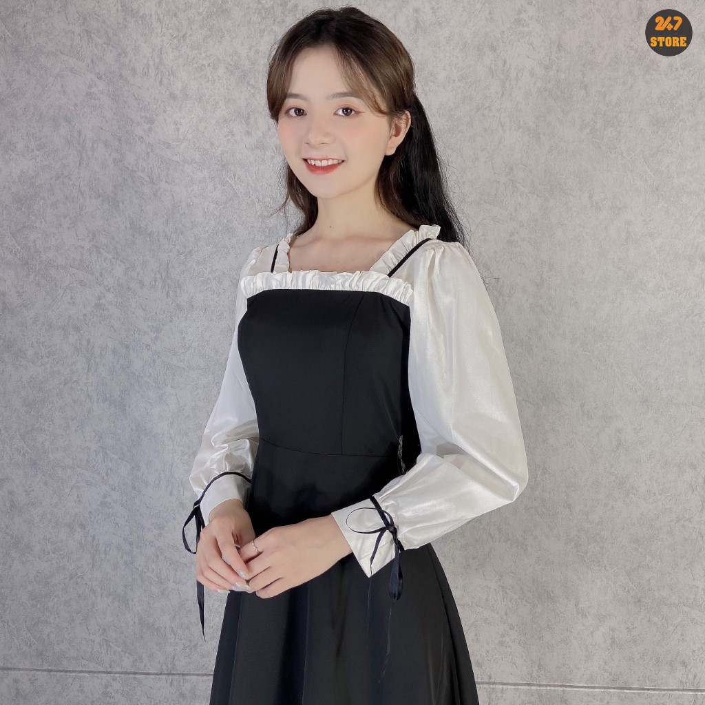 Váy công sở nữ phối nơ tay trắng viển ren 247STORE (màu đen), dáng dài, tay bồng, cổ vuông, vải trượt hàn | BigBuy360 - bigbuy360.vn