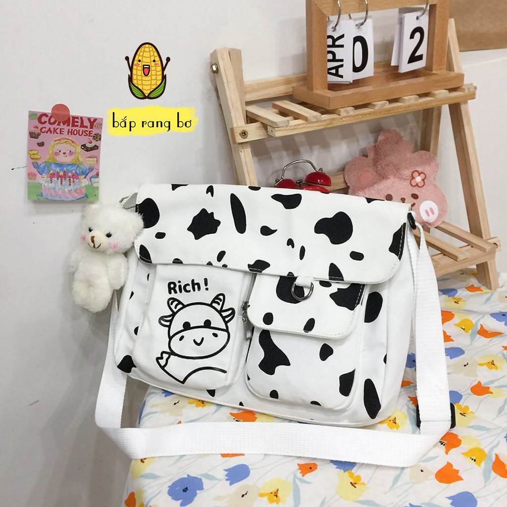 TÚI VẢI ĐEO CHÉO BÒ SỮA SIZE TO ĐỂ VỪA SÁCH A4 ĐI HỌC TOTE CANVAS KHÔNG KÈM MÓC KHÓA DC09