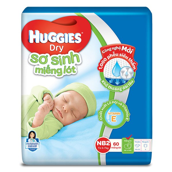 Miếng Lót Sơ Sinh Huggies Dry Newborn 2 - 60 Miếng cho bé 4-7kg