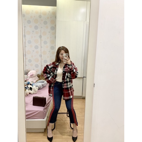 Áo sơ mi dạ caro đỏ oversized Zara TQXK