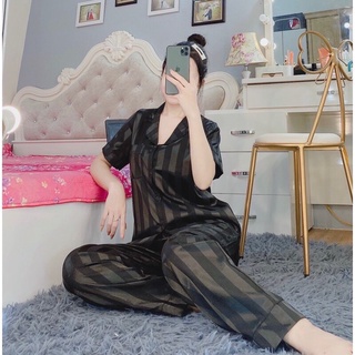 Đồ ngủ nữ, đồ bộ pyjama lụa gấm kẻ sọc tay cộc/dài quần cộc/dài