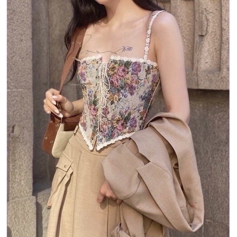 Áo hai dây thổ cẩm viền ren croptop , áo hoa retro pháp, áo corset vintage