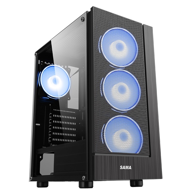 Vỏ case SAMA 3301 3 FAN RGB (Mid Tower/Màu Đen) sẵn 3 fan led RGB điều chỉnh led nhiều chế độ bằng nút bấm