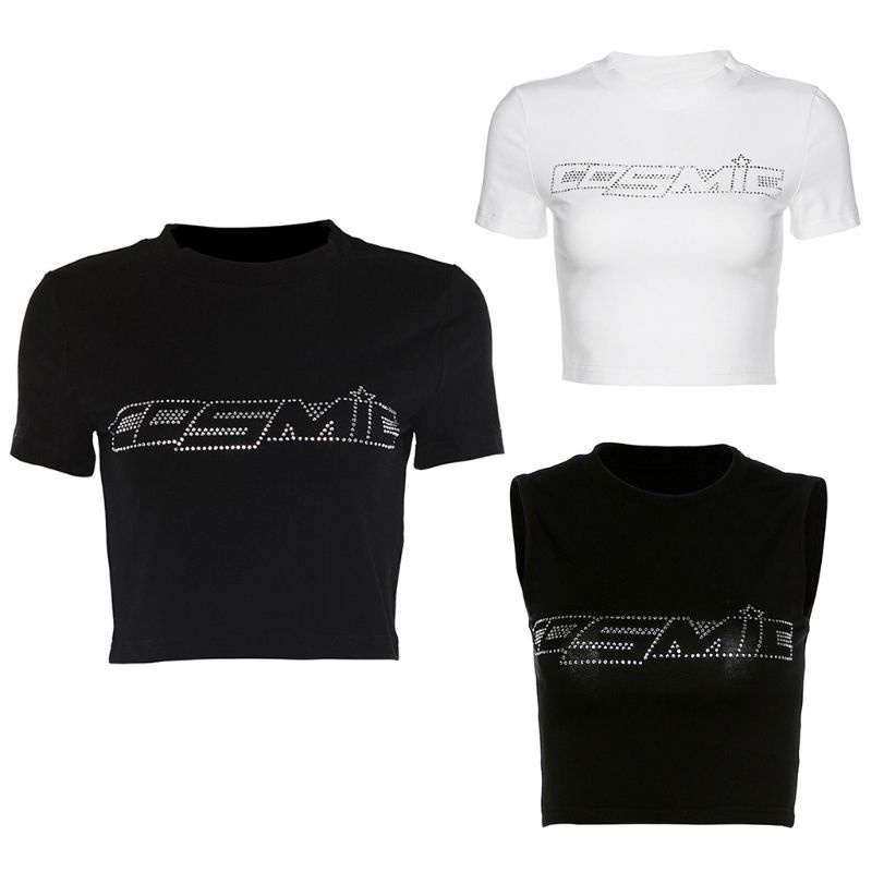 Niki Cho Kim Cương Giả Chữ Áo Thun Xuân Hè Tee Top Tay Ngắn Không Tay Crop