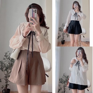 Áo sơ mi cổ bèo viền chỉ thắt nơ 2 màu
