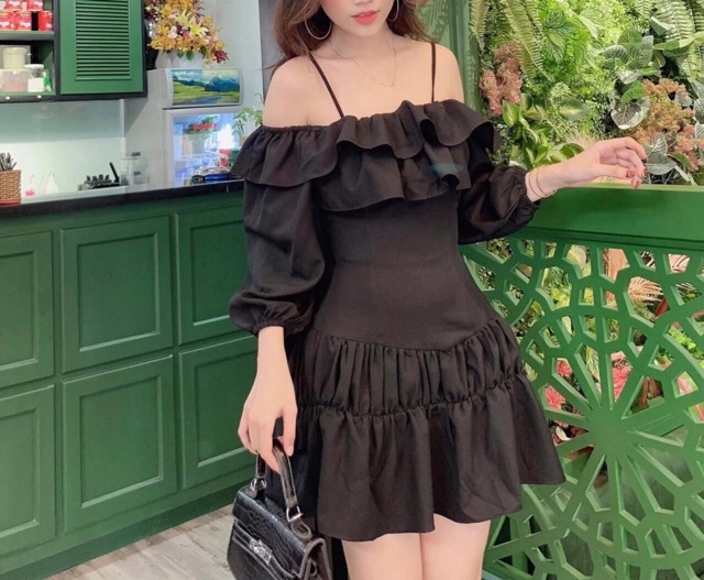 Đầm bèo tầng 2 dây xẻ vai tay dài | BigBuy360 - bigbuy360.vn